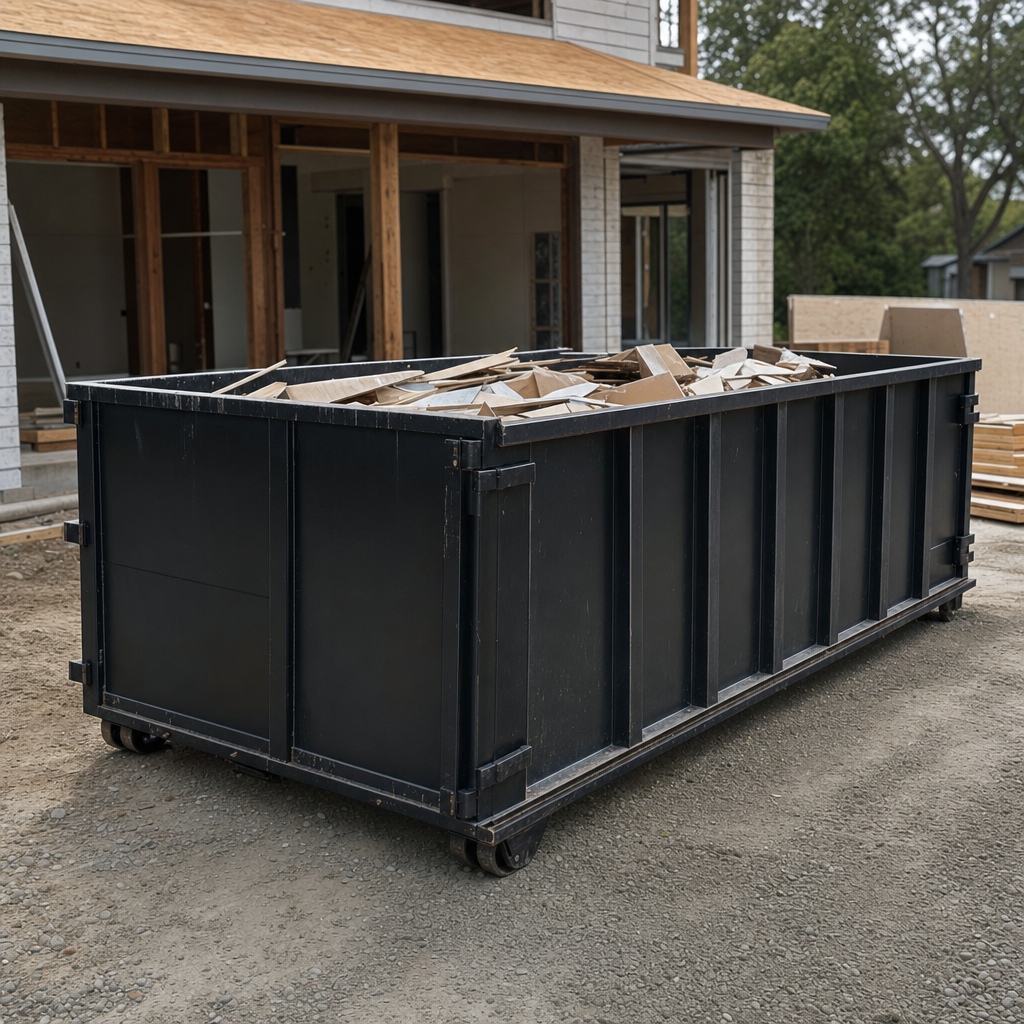 Large matte-black 30-yard construction roll-off dumpster at an active Honolulu jobsite, steel-gray top rails and bottom rollers visible, loaded with construction debris.