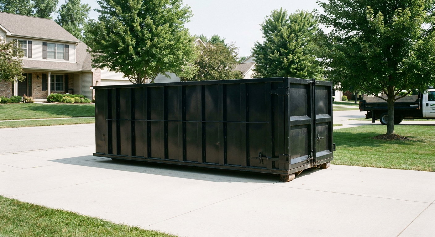 Matte-black 20-yard roll-off dumpster sitting level on a clean Honolulu residential concrete driveway under bright daylight, demonstrating clean placement directly on the concrete.