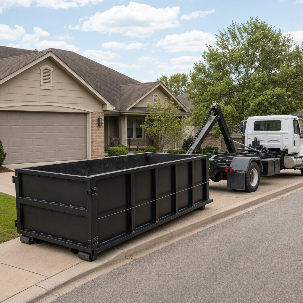 Wide documentary shot of a matte-black roll-off dumpster on a Honolulu residential driveway in the foreground and a contractor jobsite container in the soft-focus background, bright daylight, calm and orderly composition.