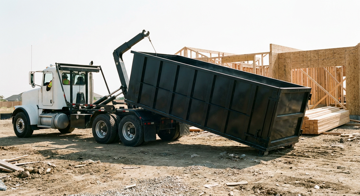 Matte-black roll-off dumpster being delivered onto a clean residential concrete driveway in Honolulu by an unmarked white hooklift hauler truck, bright morning daylight, documentary 35mm perspective.